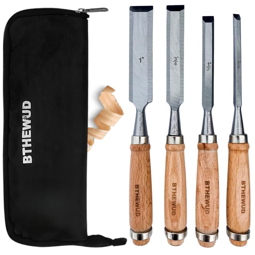 Wood Chisel Set – set of 4 Woodworking Chisels w/CR-V Steel Blades Zipper Bag...