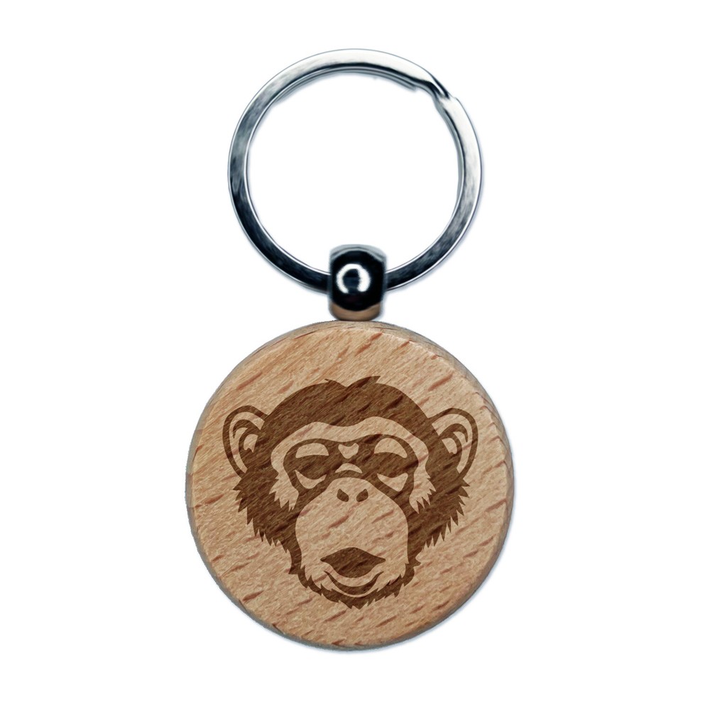 Chimpanzee Primate Ape Engraved Wood Round Keychain Tag Charm