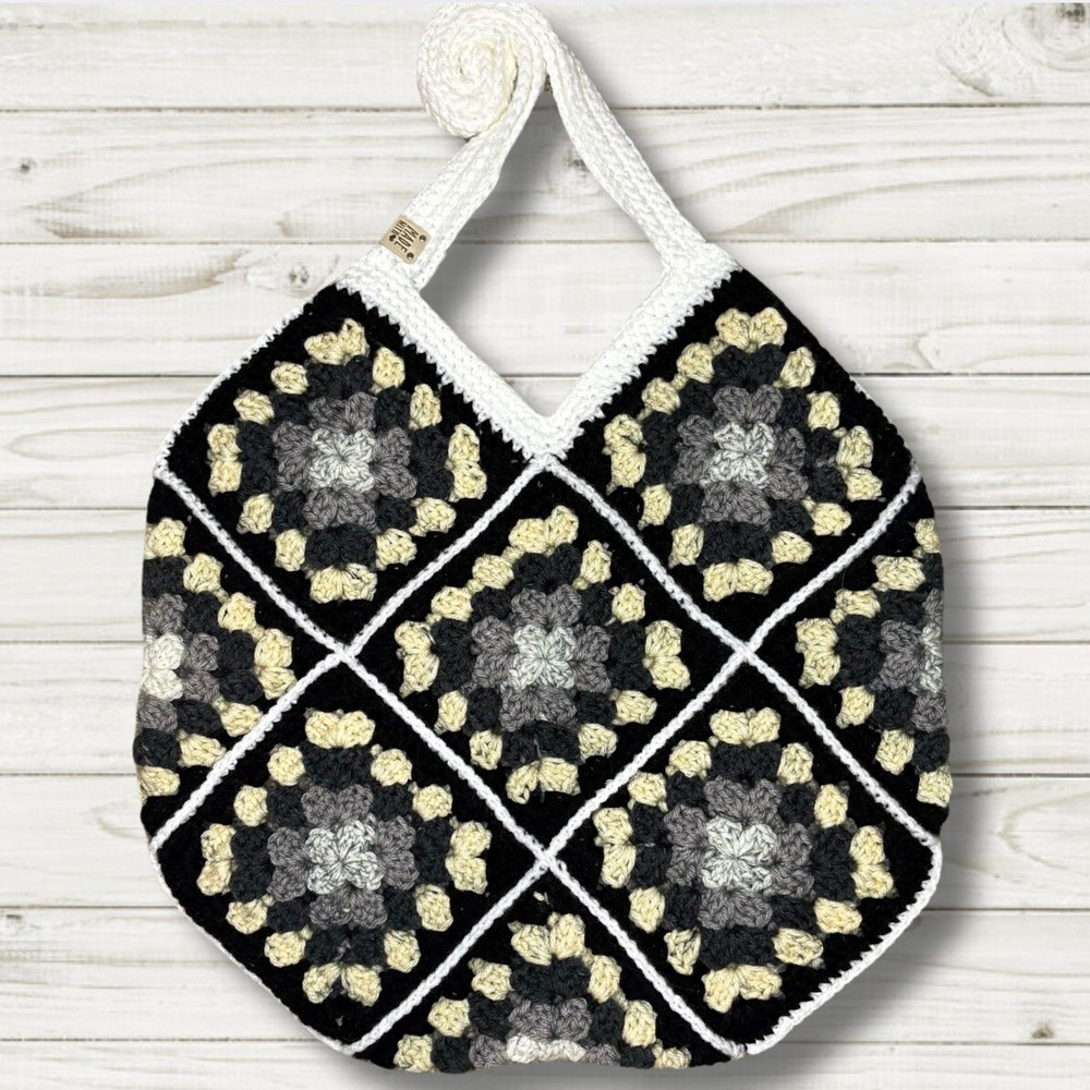 Crochet Granny Square Tote Bag, Gradient Grays, White Border, Faux Leather Tag