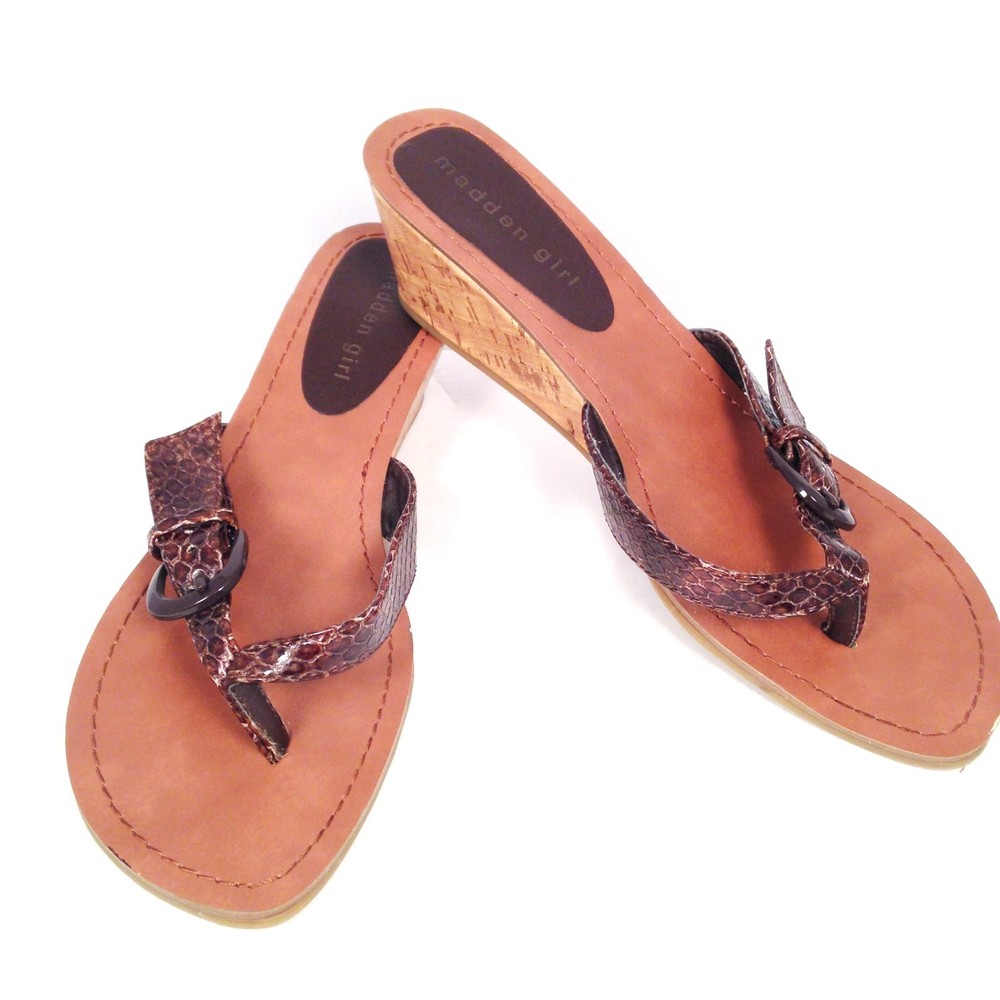 Madden Girl Wallie Brown Croc Slide Sandals Low Wedge Buckle Flip Flops Size 8.5M