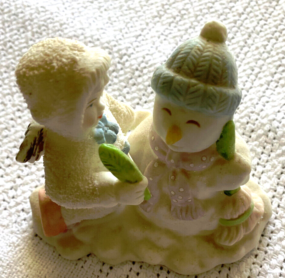 Porcelain Sky Angel Girl and Snowman Winter Christmas Decor