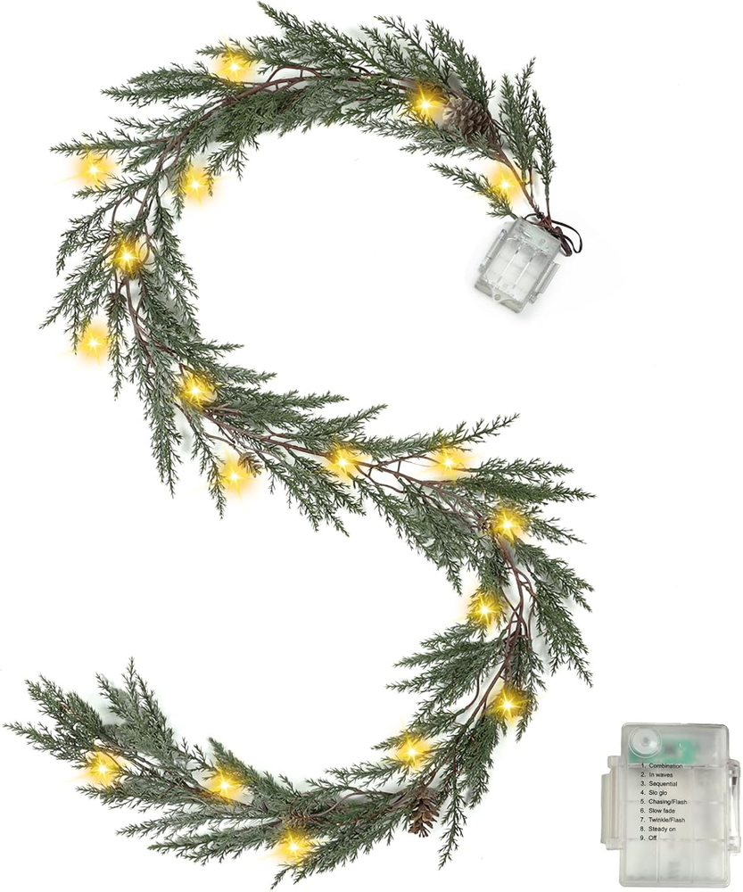 6 Ft Christmas Garland with Lights, 30 Warm Lights with 8 Light Modes,Prelit Chr