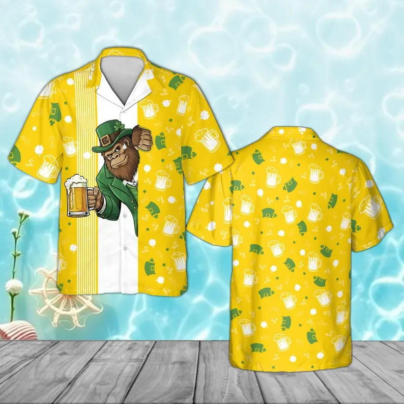Funny Bigfoot St Patricks Day Hawaiian Aloha Shirt Sasquatch Gift