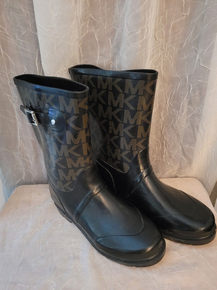 Michael KORS MK Signature Buckle Mid Calf Rubber Rain Boots Size 9 Galoshes