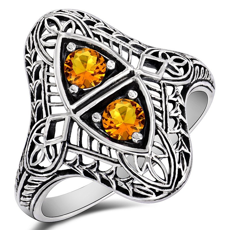 Natural Golden Citrine 925 Sterling Silver Art Deco Style Ring Sz 9 XB3-3