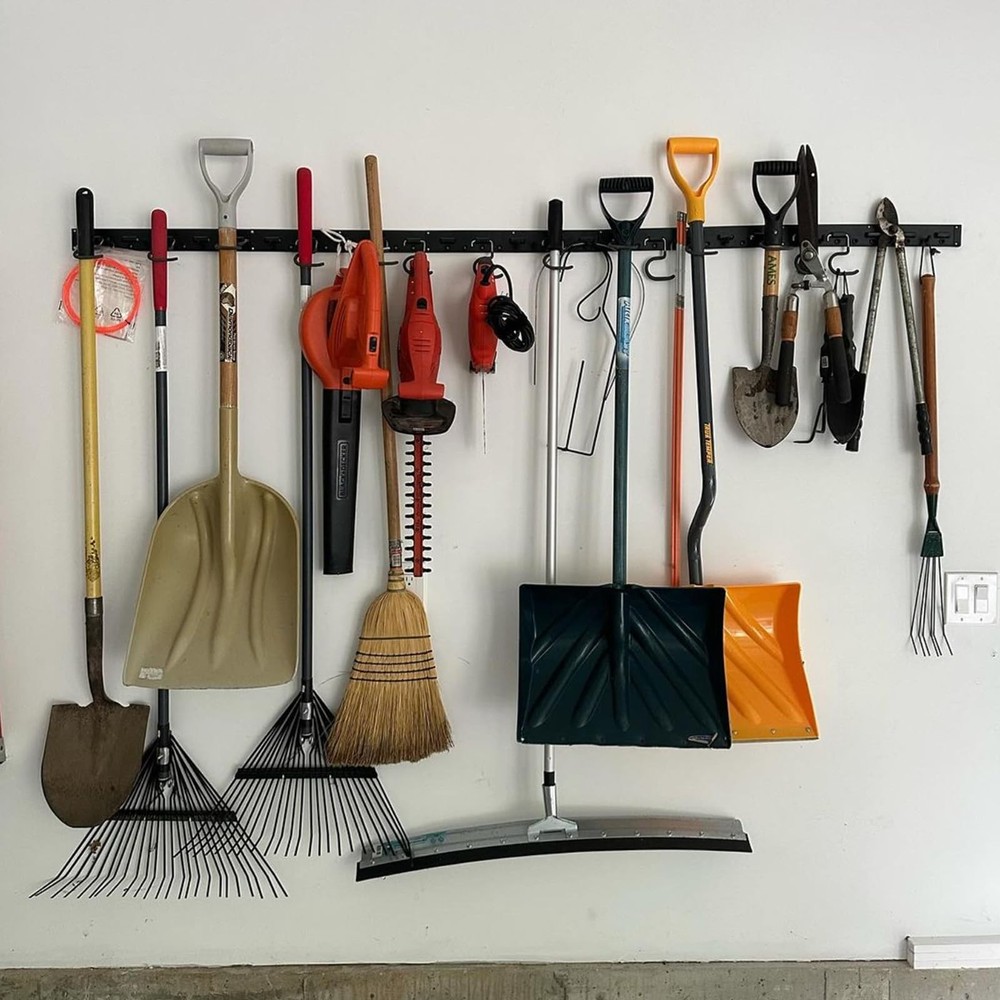 64-Inch Adjustable Wall-Mounted Garage Storage System with Hooks for Garden Tools