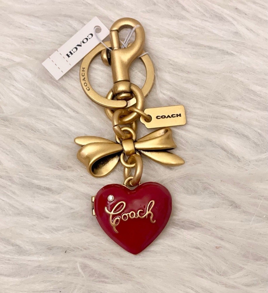 NWT Coach Bow Heart Locket Charm Keychain Key Fob in Brass Ruby Red CZ276