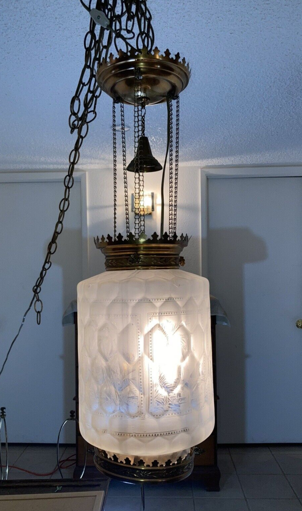 Antique Hanging Oil Hall Lamp Brass Etched Shade & Finger Lamp Read