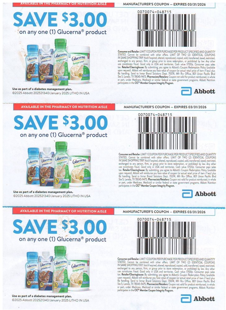 GLUCERNA ($3.00 OFF/Any Product) Coupon (3 Total/$9.00 Value) Exp: 3/31/2026-image