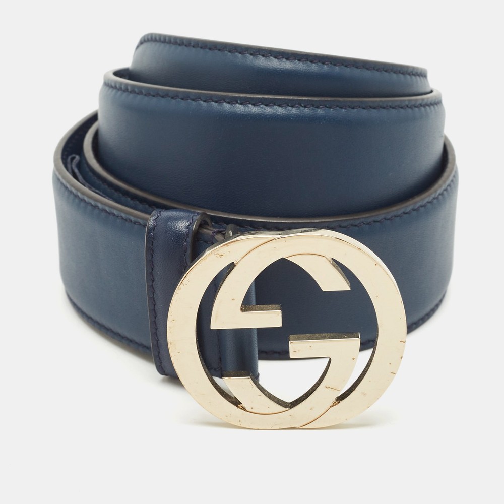 Gucci Navy Blue Leather G Buckle Belt 80CM Interlocking Design