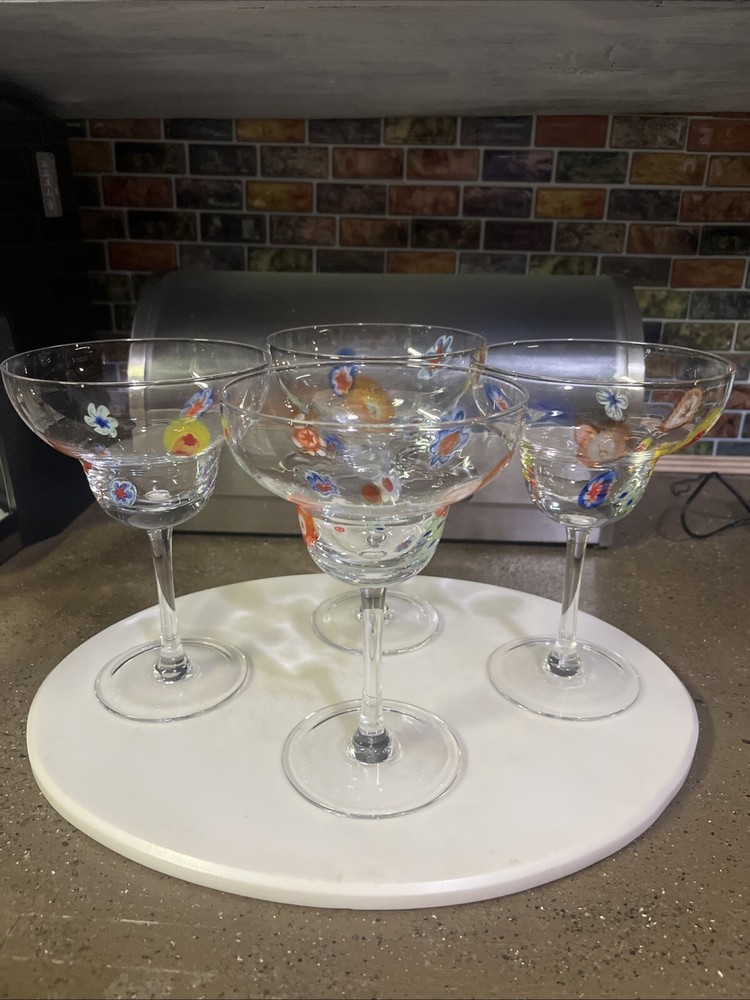Hand Blown Set-4 Multicolor Millefiori Fused Margarita Martini Cocktail Glasses