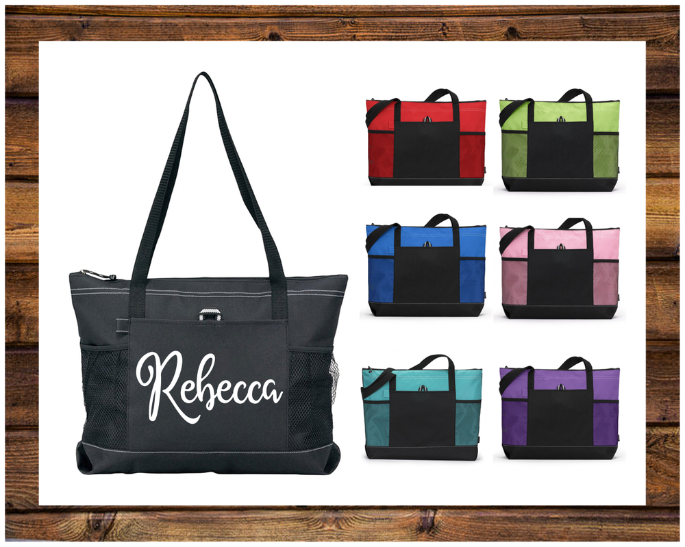 Custom Curly Cursive Name Zippered Tote Diaper Gym Sports Bag Purse