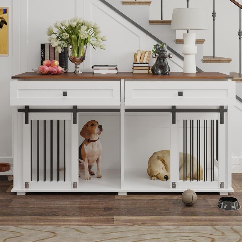 63 Inch Extra Large Wooden Dog Crate Furniture with Double Drawers for Two Dogs