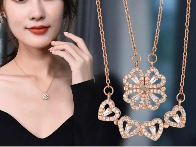 Four Leaf Clover Necklace For Women Vintage Magnetic Folding Heart Jewelry Gifts