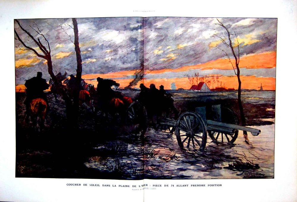 Old Vintage Print Yser Ww1 War Artillery Canon Transport Position 1927