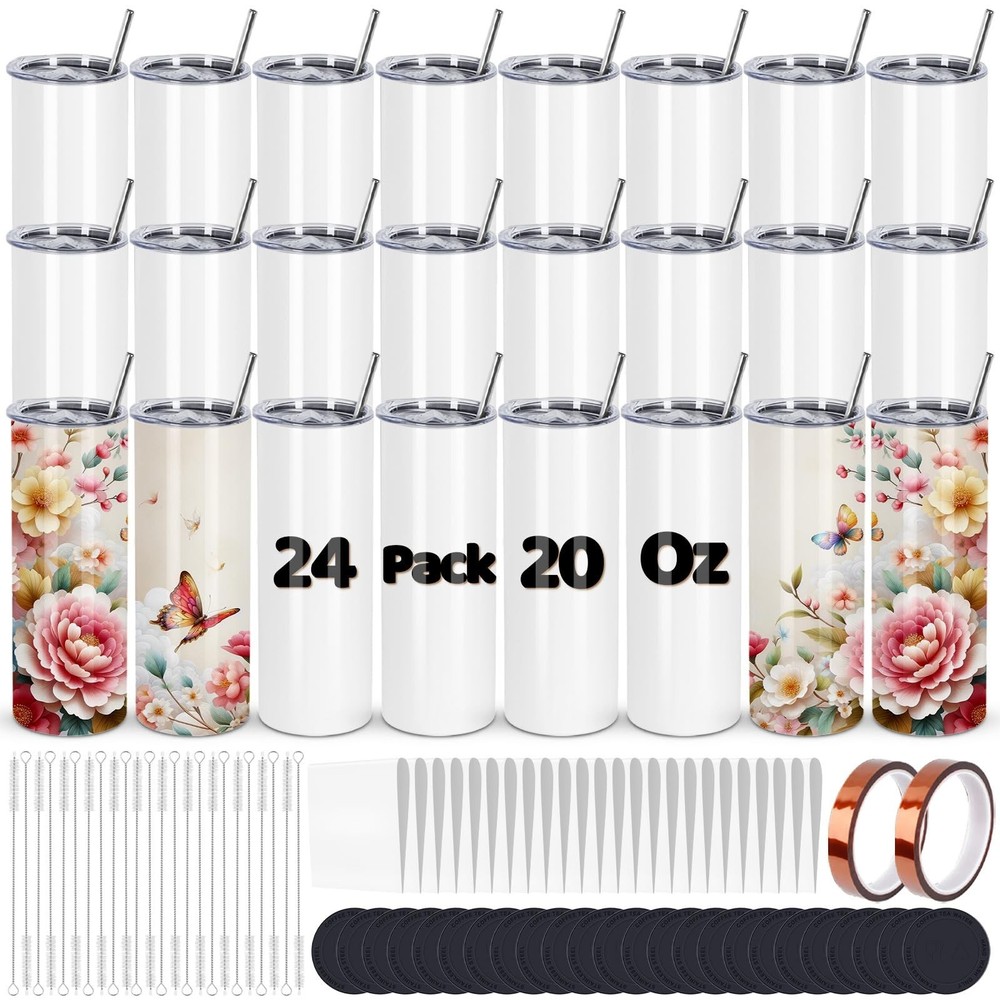 24 Pack Sublimation Tumblers, 20 oz Stainless Steel Sublimation Cups with Lid...