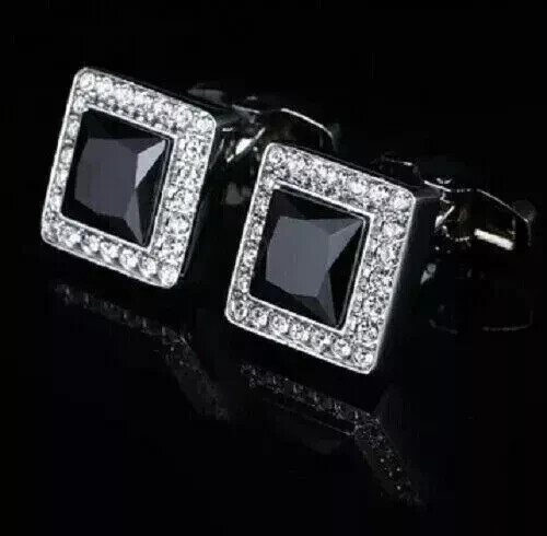 3Ct Princess Cut Lab Created Black Diamond Men's Cufflinks 14K White Gold Plated