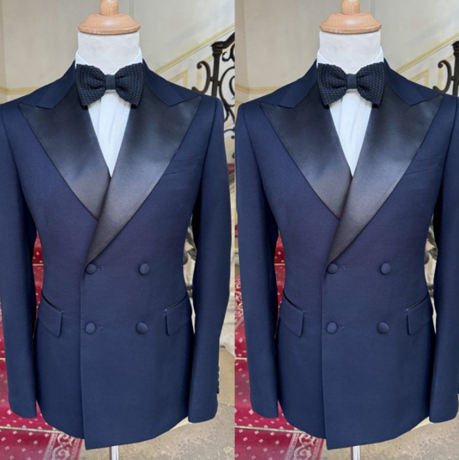 Navy Blue Peak Lapel Double Breasted Men Suit for Wedding Party Groom Tuxedo