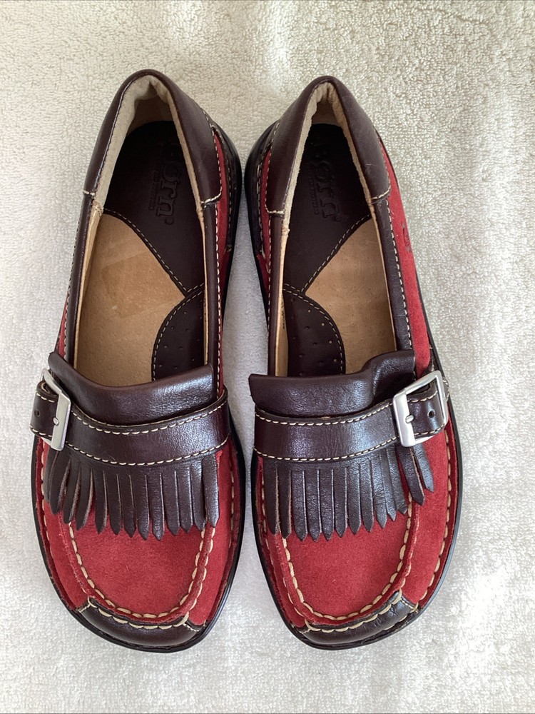 Born Women’s Leather Fringe Loafers Red Brown Slip On Comfort Shoes Size 6.5