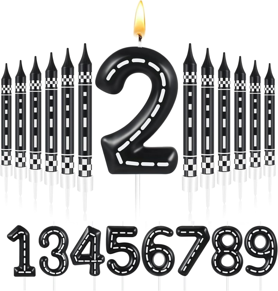 13 Pcs Racing Cars Themed Birthday Candles Black and White Checkered Candle 1 to