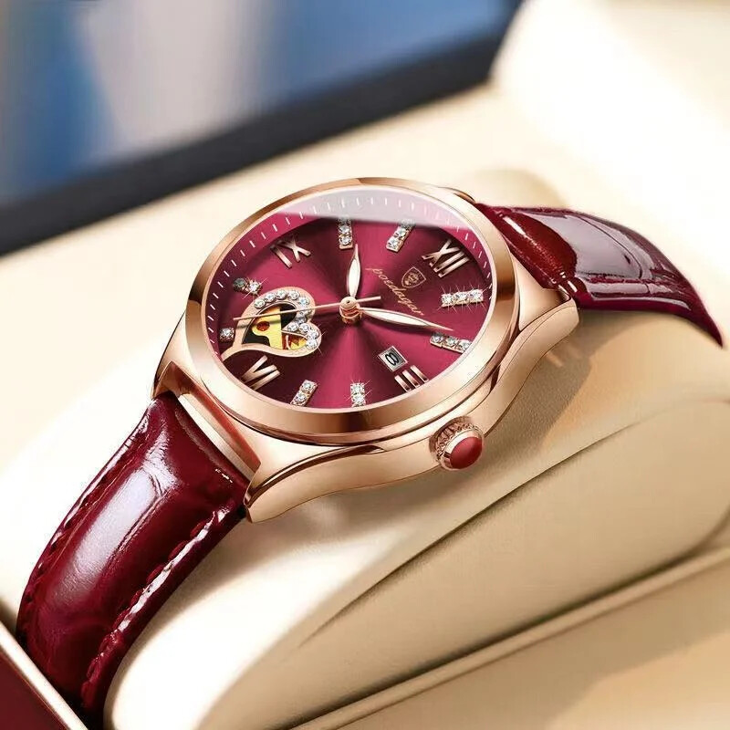 Luxury Waterproof Ladies Watch with Date Display and Leather Strap