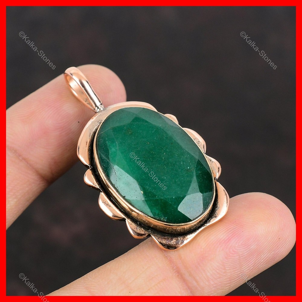 Mother's Day Oval Zambian Emerald Boho Pendant Copper Jewelry-image