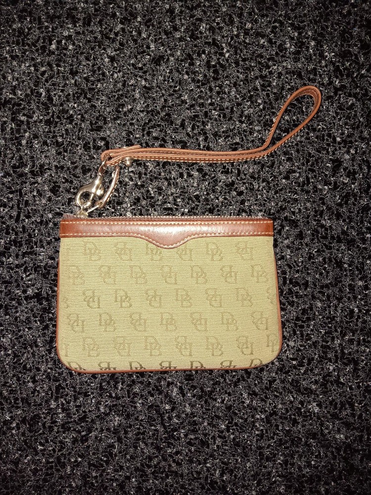 Dooney & Bourke Brown Canvas Wristlet Wallet with Leather Trim & Keychain