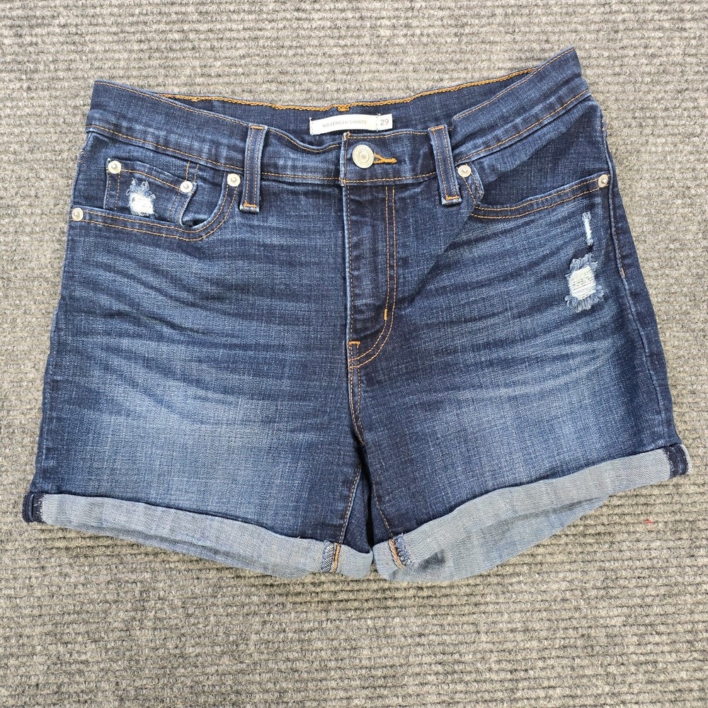 Levi's Shorts Womens 29 Blue Mid Length Cuffed Distressed Stretch Denim