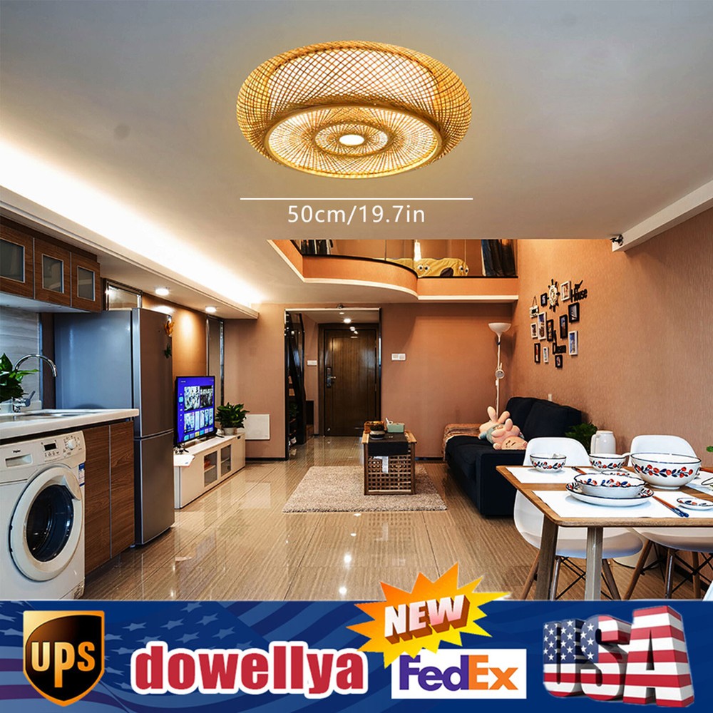 Bamboo Wicker Rattan Lantern 3-Light Flush Mount Ceiling Lamp Fixture Chandelier