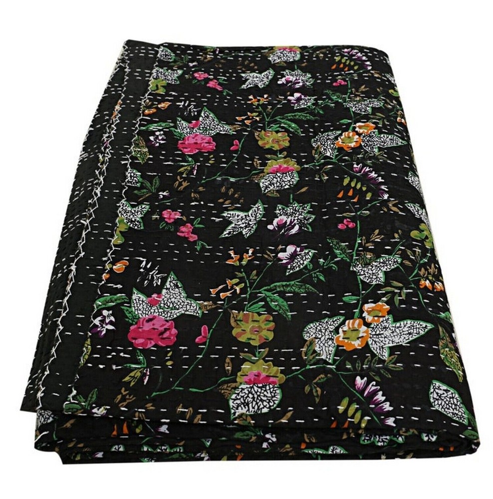 Indian Paradise  Kantha Bedspread Boho Floral Black Kantha Quilts Hippie Throw