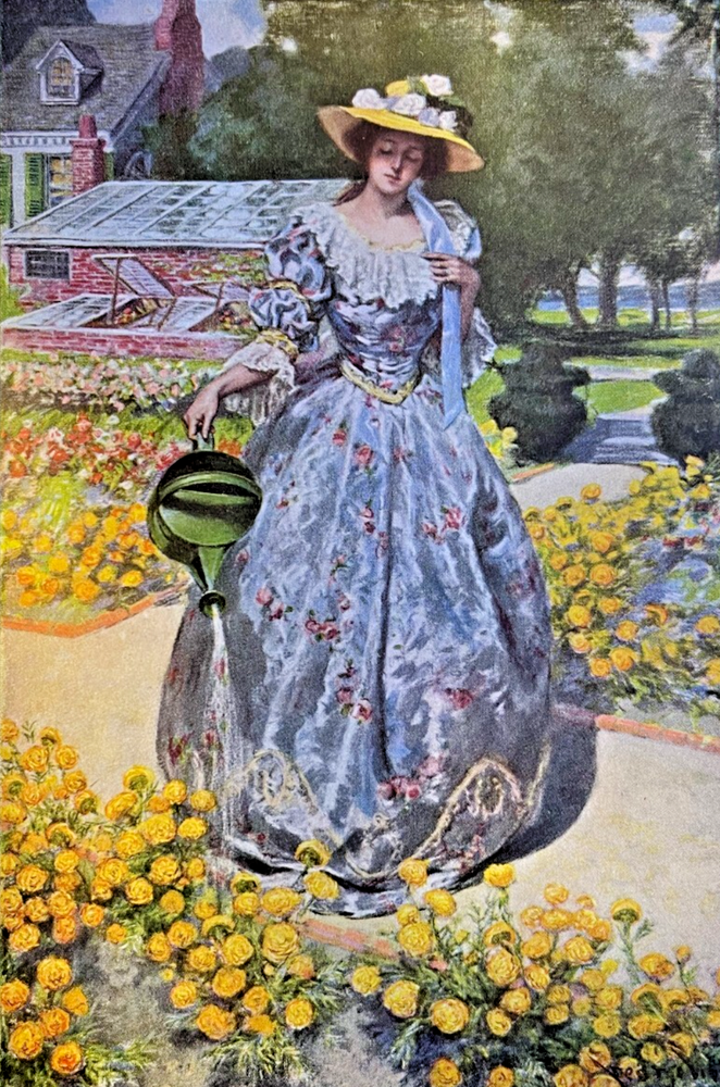 1905 Vintage Magazine Illustration Victorian Woman Watering Marigolds