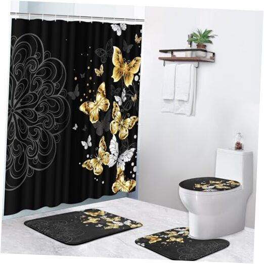 4 Piece Shower Curtain Set, Black Mandala Flowers Gold Black Butterfly