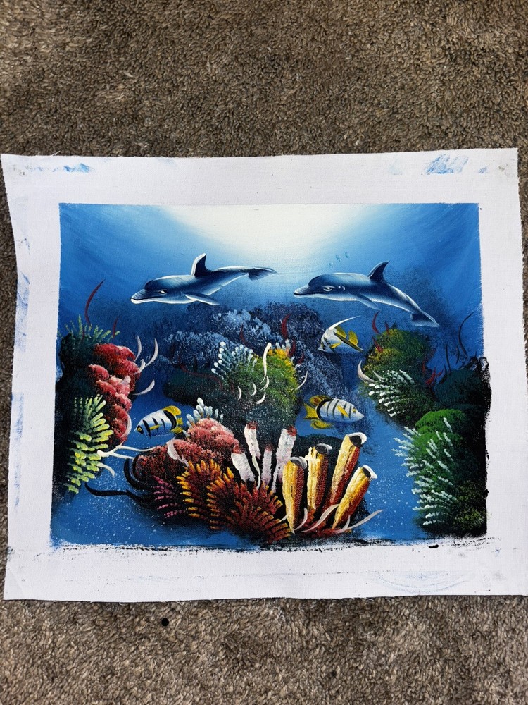 Underwater Dolphins Coral Fish Real Oil Painting On Canvas Background 9”x11”