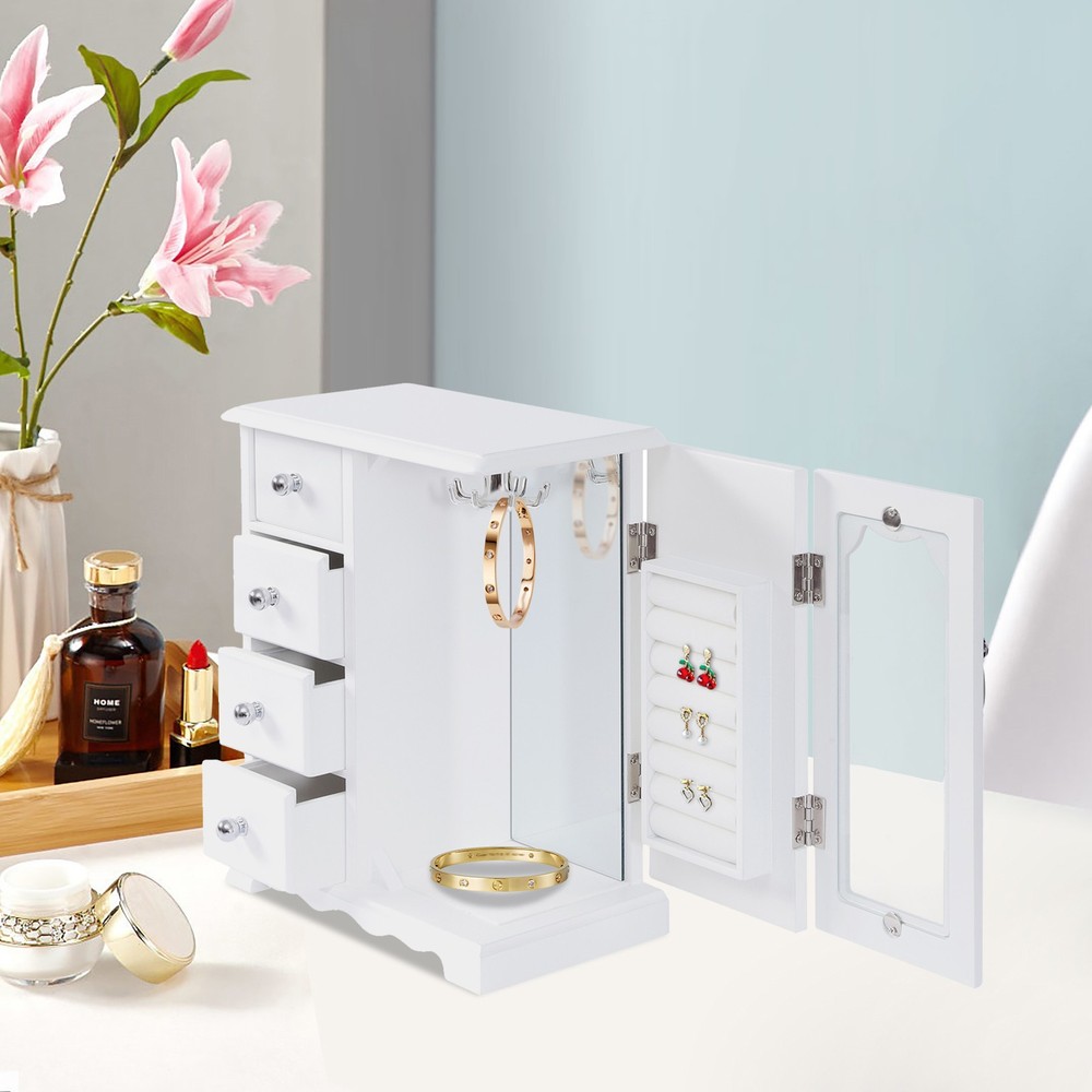 Wood Jewelry Organizer with 4 Drawers, White Jewelry Box with Mirror