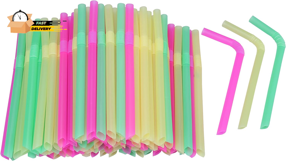 Jumbo Flexible Smoothie Plastic Straws, 100 Pcs Assorted Colors Large Bendable