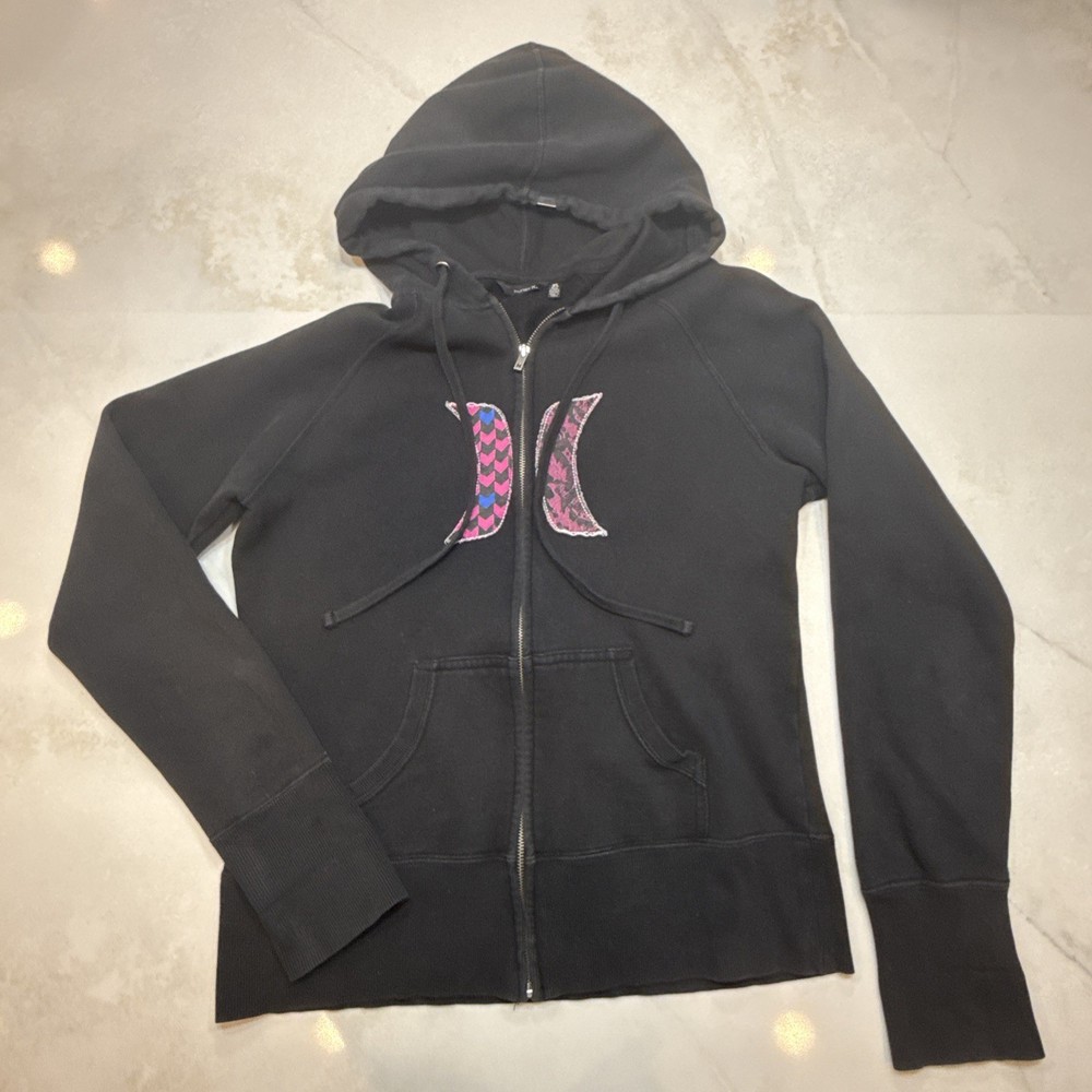 Hurley Womens Hoodie Zip Front Black Logo Graphic XL