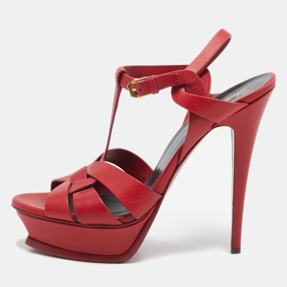 Saint Laurent Red Leather Tribute Ankle Strap Sandals Size 41 EU
