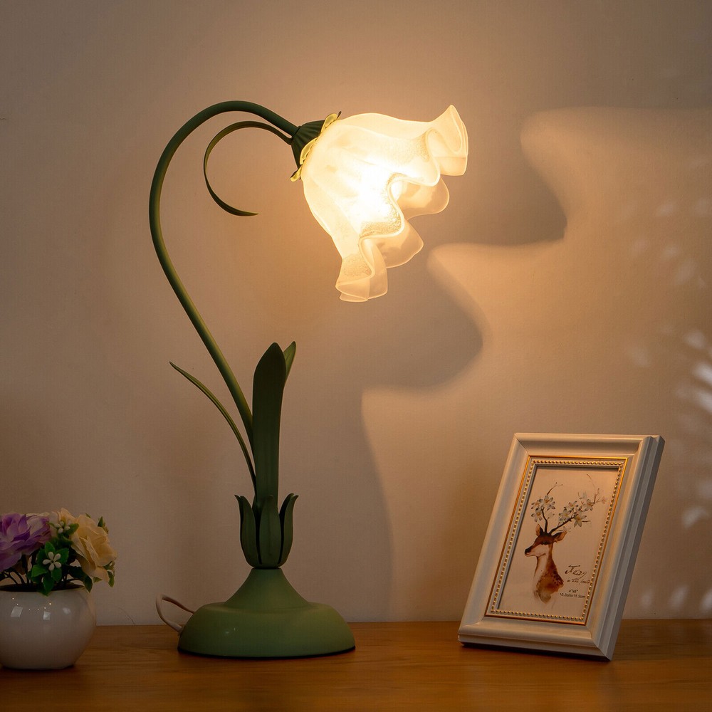 Green Table Lamp Flower Shape Lily Shaped Glass Bedside Desk Light Fixture USA
