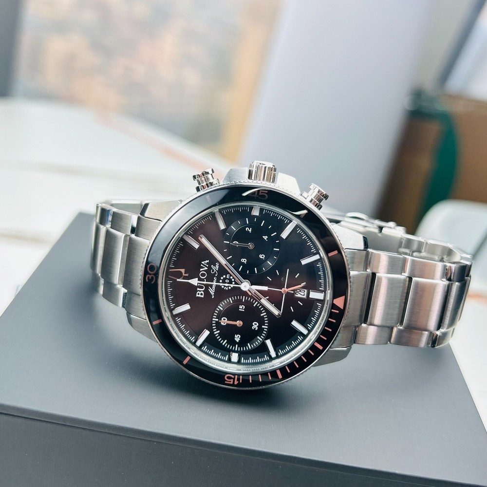 Bulova Men's Marine Star 96B272 Black Dial Stainless Steel Quartz Watch New 45MM