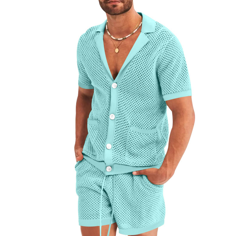 Men Summer Knit Casual Lapel T-Shirt Short Sleeve Suit Set