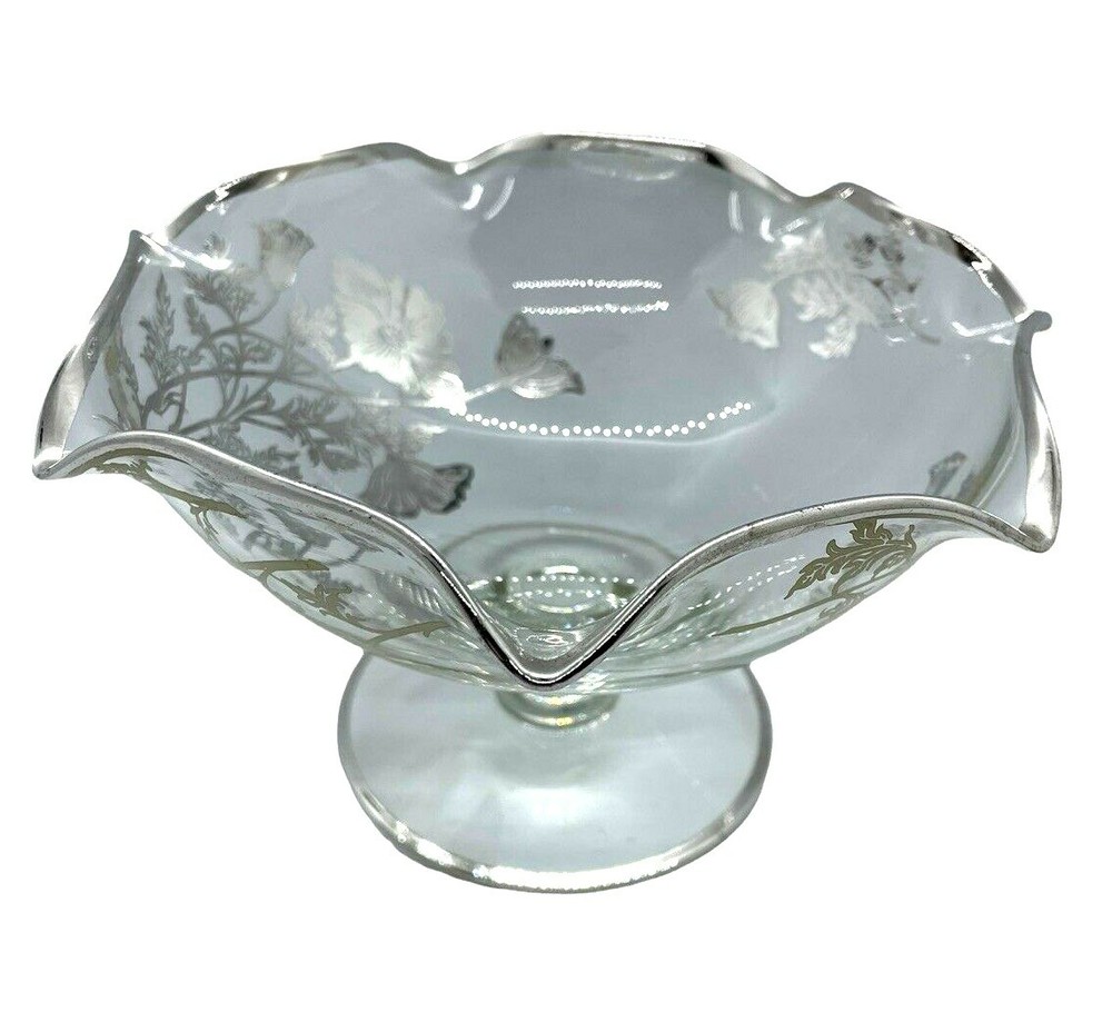 Sterling Silver Overlay Etched Glass Compote Vintage