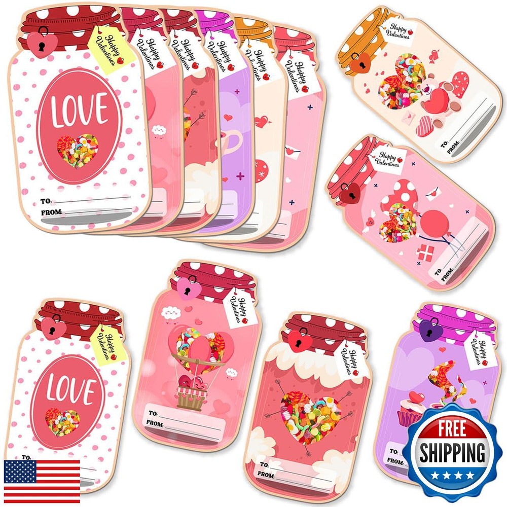 LAMOOER Valentines Day Gift Cards for Kids, 50 Pack Mason Jar Happy Valentine-image