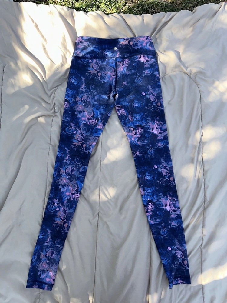 lululemon Women's Floral Print Ankle Leggings Black Pink Purple Size 6 Stretch