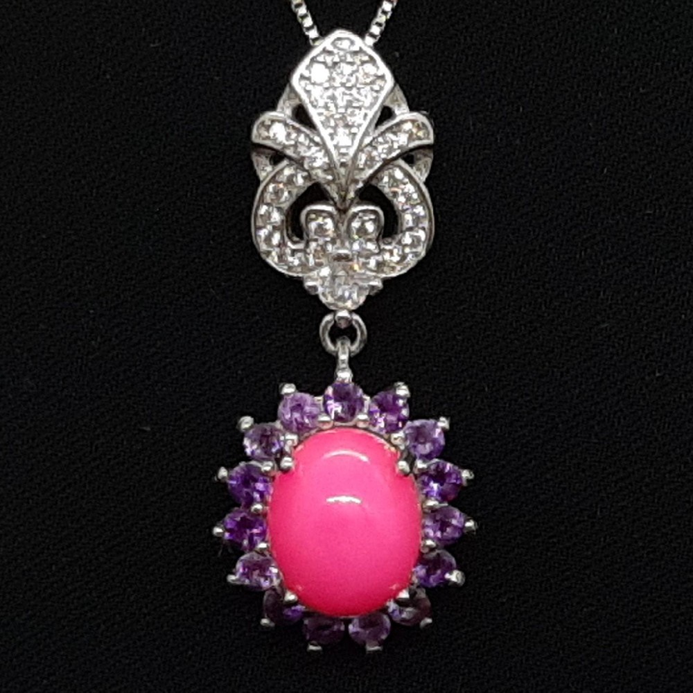 World Class 5.30ctw Pink Opal, Amethyst & White Sapphire 925 Silver Pendant