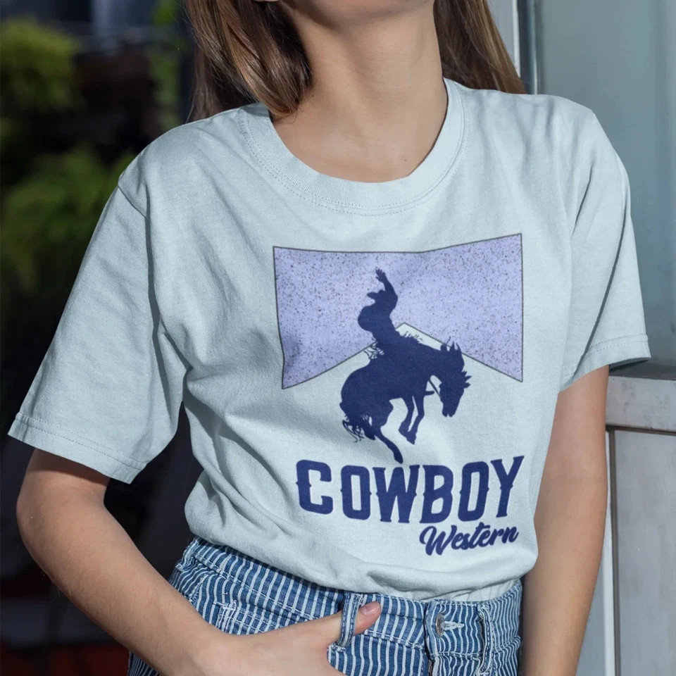 Men Women Cowboy Oversized T-Shirt Round Neck Loose Fit Casual Western Style