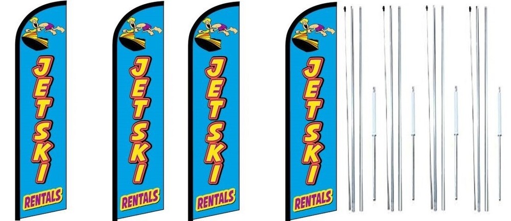 Jetski Rentals Windless Flag With Complete Hybrid Pole set- 4 pack