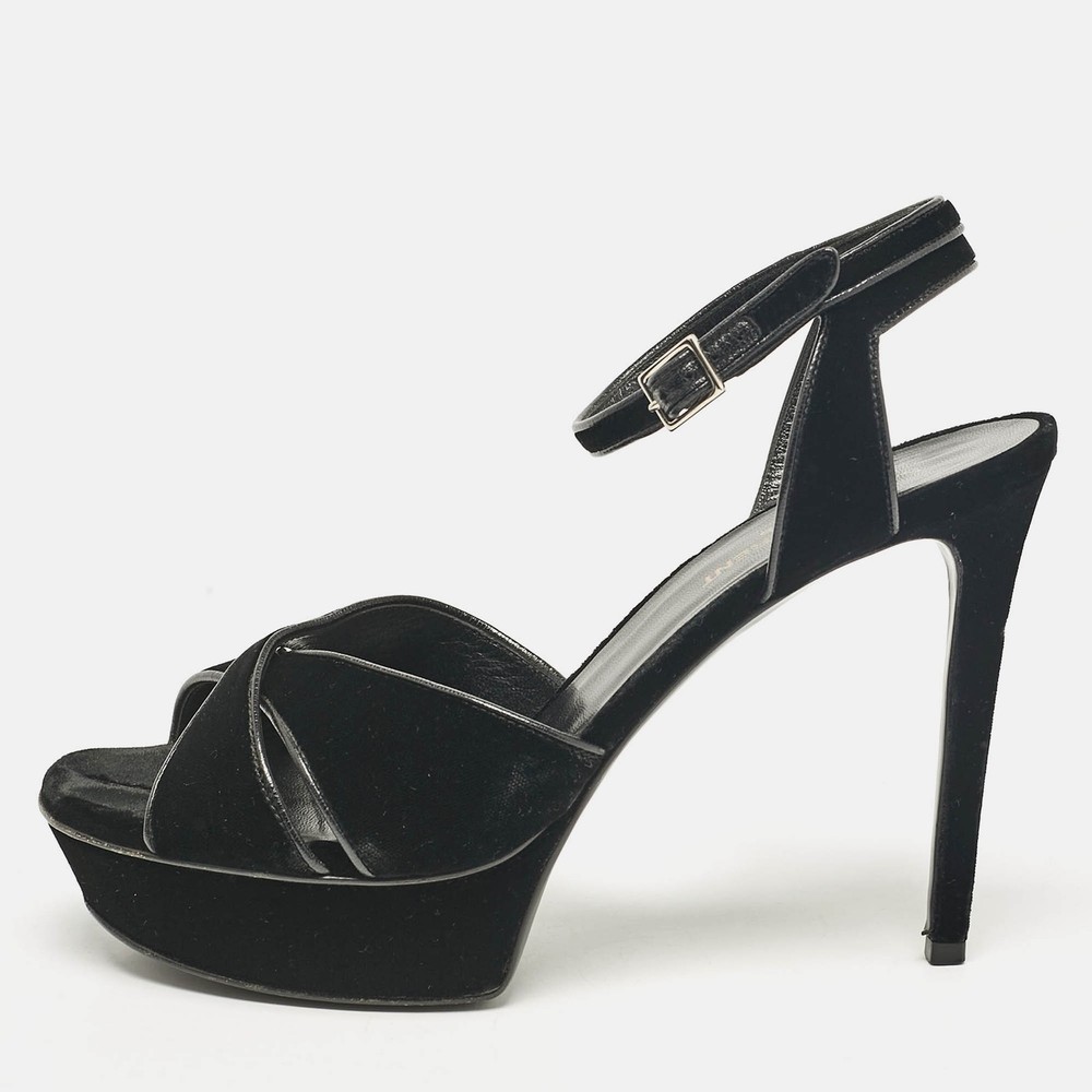 Saint Laurent Black Velvet Bianca Ankle Strap Sandals Size 39 EU