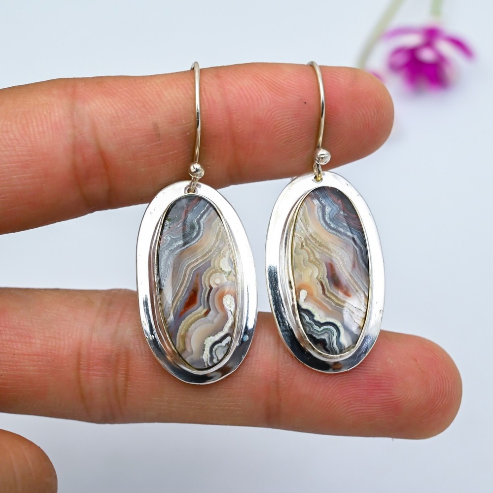 Natural Crazy Lace Agate Gemstone Handmade 925 Sterling Silver Jewelry Earrings