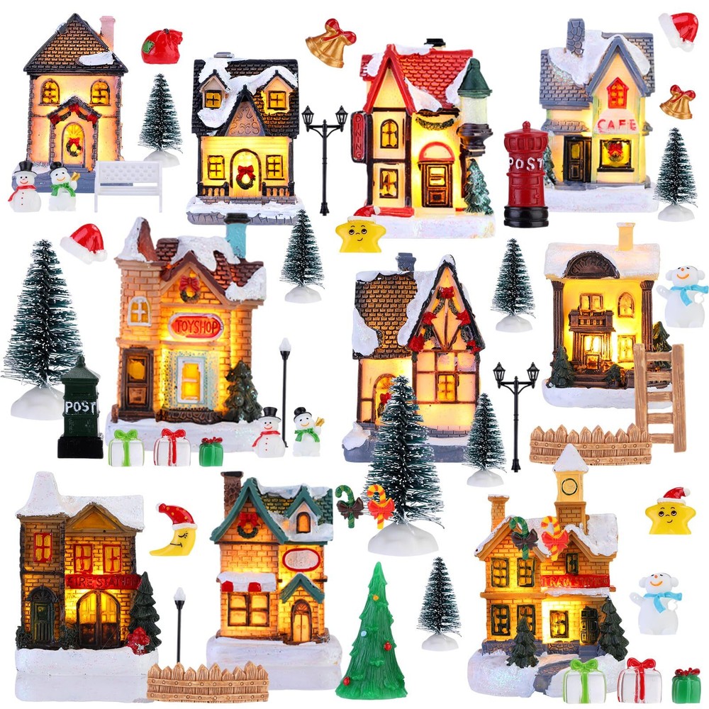 60 Pcs Christmas Village Figurines Decor Set Led Lighted Mini Xmas Village Ho...