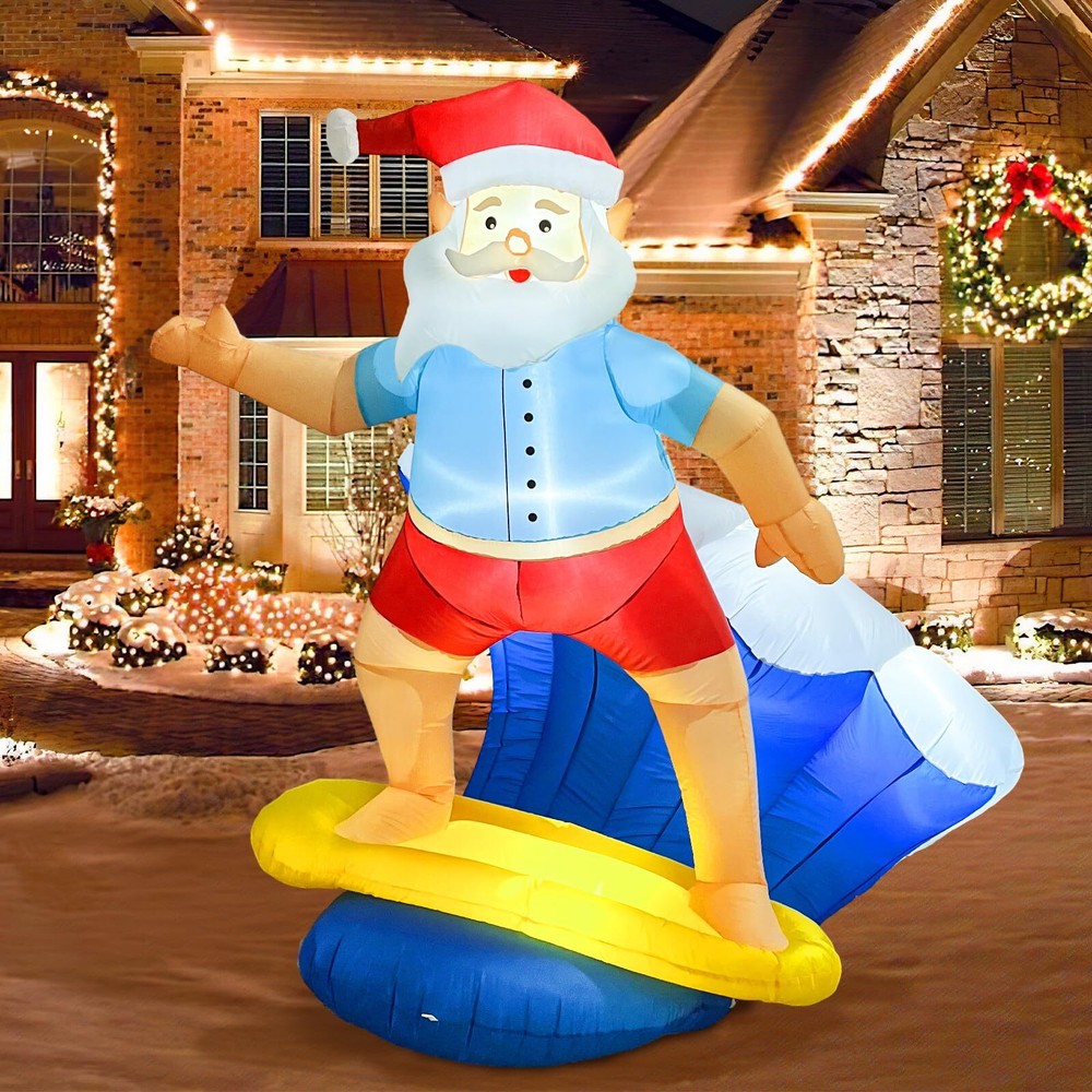 6FT Christmas Inflatables Outdoor Decorations, Christmas Surfing Santa Claus ...